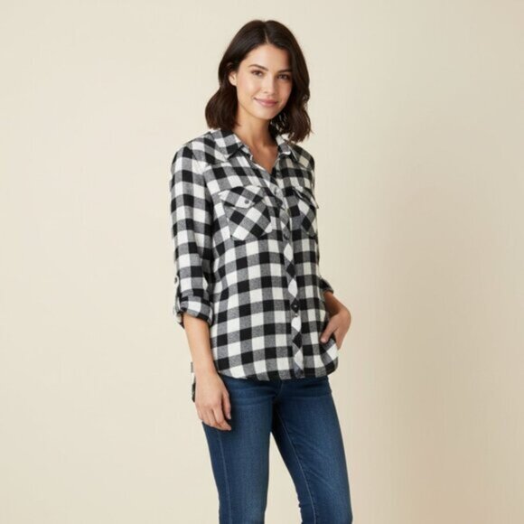 Anthropologie Ash and Ember Button Down Front Shirt Flannel Plaid Black Size S - Picture 1 of 14